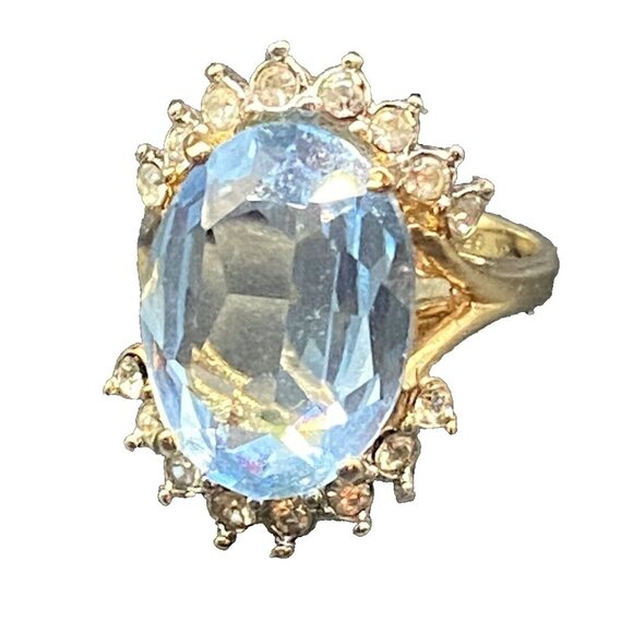 Faux Aquamarine Ring CZ 18K GE Yellow Gold Electroplate Sz 9 March BDay Cocktail - Picture 1 of 7